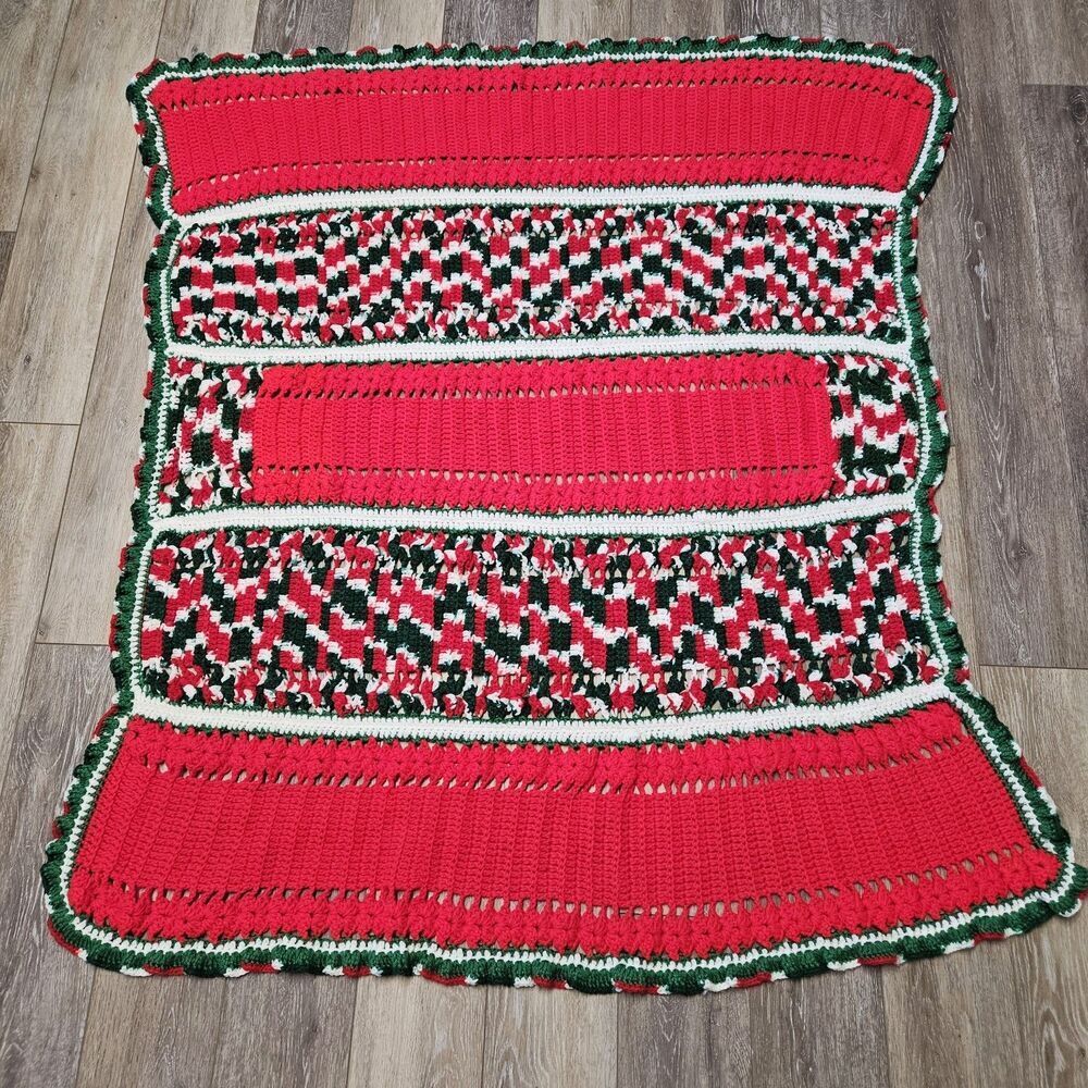 Vintage Handmade Crochet Afghan Blanket Red Green White Christmas Holiday Throw